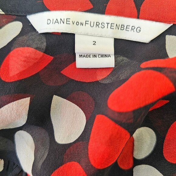 Diane Von Furstenberg 90s Sheer Silk Blouse Women 2 Red White on Black Long Slv - Picture 4 of 13